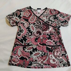 Tafford Black and Red Paisley Print Scrub Top